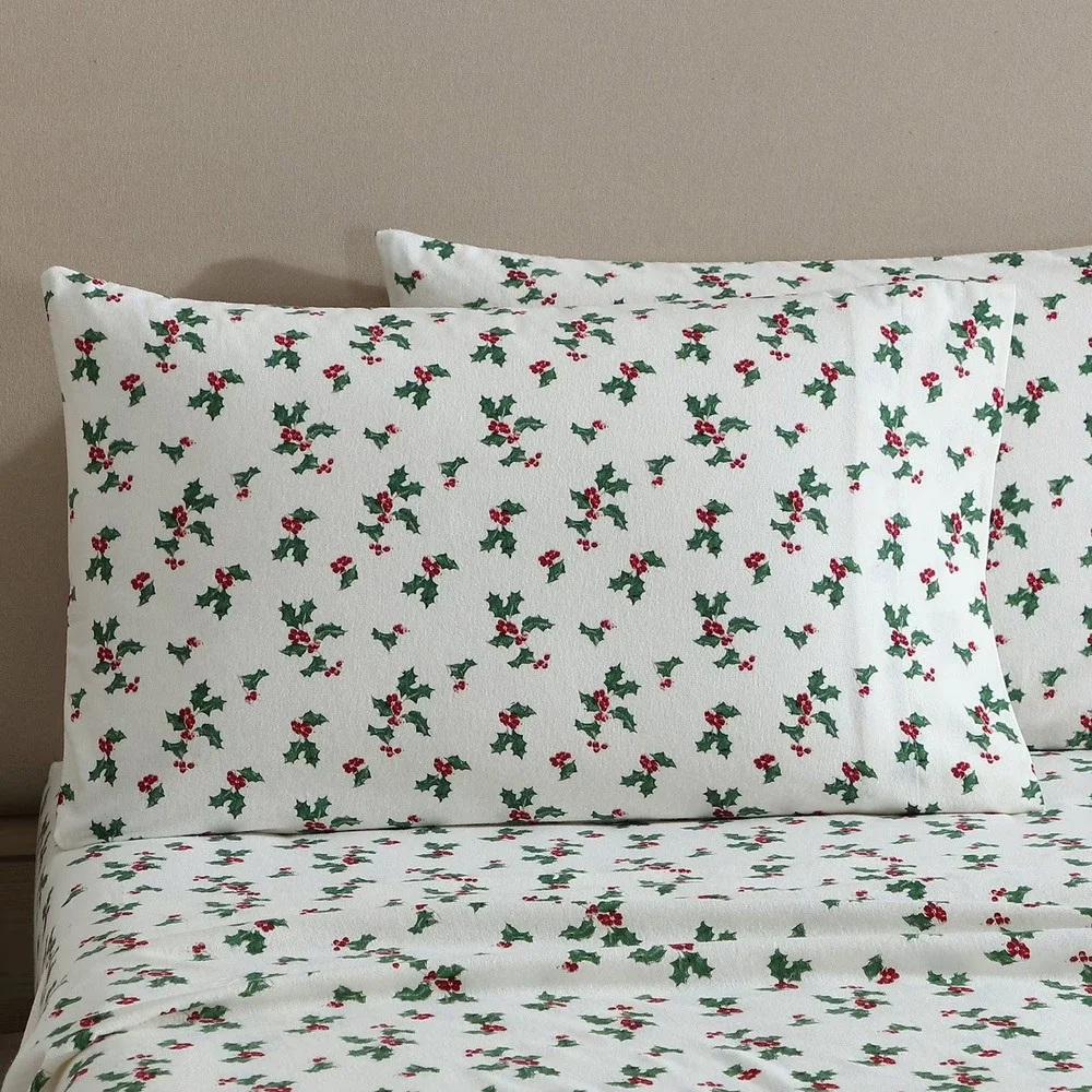Lenox 6 Piece Flannel Sheet Set King Holly Green 100% Cotton Holiday Bedding